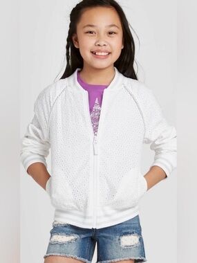 Cat & Jack girls white eyelet bomber jacket size XL NWOT
